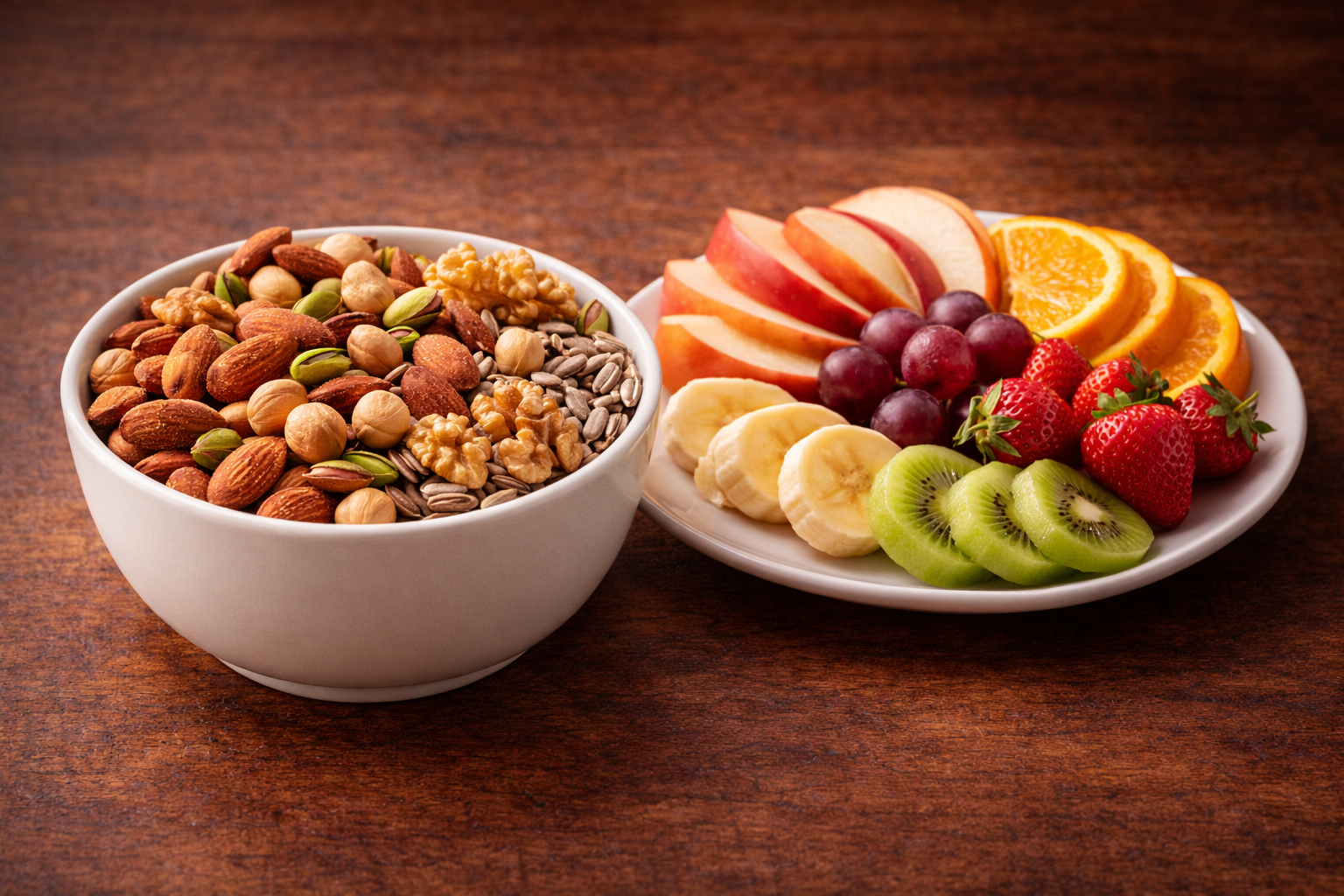 المكسرات وصحن الفواكه